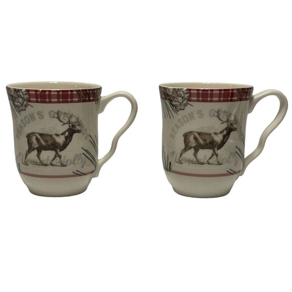2- 222 Fifth Mount Holly Season's Greetings Elk Deer China Coffee Mugs Tea Cups